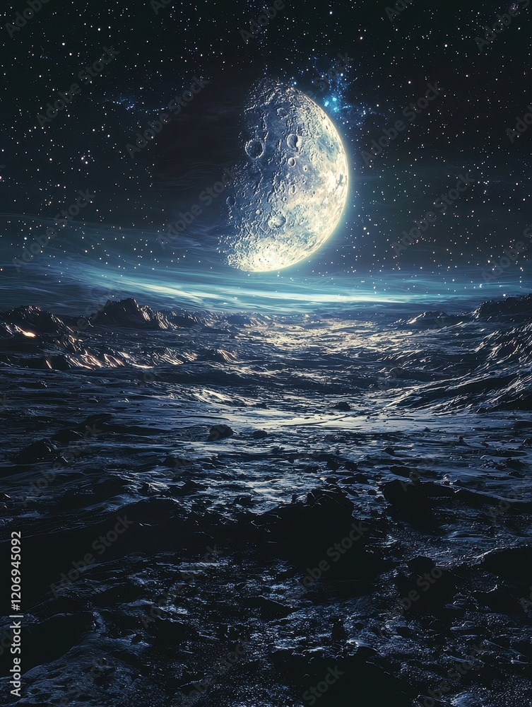 Poster celestial event on lunar surface outer space digital art cosmic environment wide-angle view surreal 