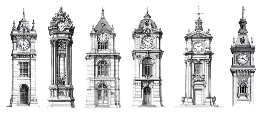 PNG Vintage clock tower illustrations collection, element set on transparent background