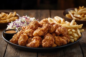 Crispy fried chicken nuggets, french fries, and coleslaw on a plate.