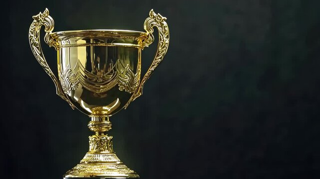Gold cup champion trophy on black background showcasing elegance and achievement, a gold cup champion trophy on black background in studio shoot video in background