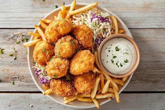 Crispy fried fish balls served with french fries, coleslaw, and creamy sauce.