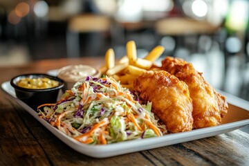 Crispy fish fillets, fries, coleslaw, and dipping sauces on a plate.