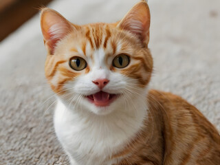 orange cat with white markings, looking directly at the camera with bright, curious eyes and a playful, open-mouthed expression. The background features a soft, neutral-colored surface