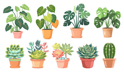 Fototapeta premium PNG Colorful potted plants illustration, isolated element set, transparent background