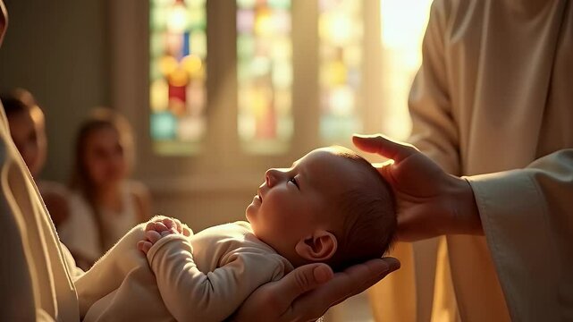 A slow-motion scene of a Christian baptism ceremony, with water being poured gently over a baby&rsquo;s forehead, sunlight illuminating the sacred moment, and family watching prayerfully.

