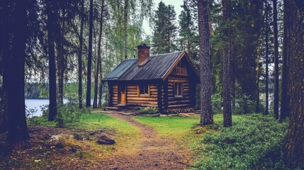 A cozy cabin-style small bungalow with wooden siding and a rustic, secluded setting