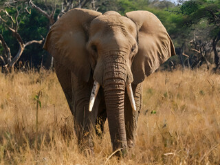 Fototapeta premium Majestic African elephant standing amidst golden savanna grasslands with a lush forest backdrop, capturing the raw beauty of wildlife in its natural habitat