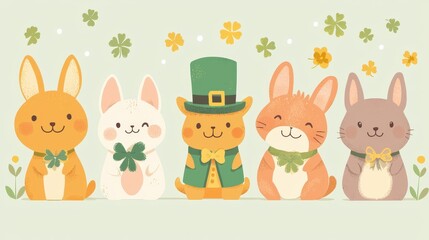 Cheerful Cartoon Rabbits Celebrating St  Patrick s Day with Shamrocks and Floral Adornments