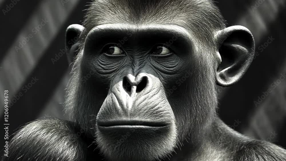Poster chimpanzee in profile illuminated by patterned light and shadow, chimpanzee in profile with patterne
