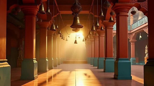 An intricate shot of golden bells hanging in a Hindu temple, gently swaying in the breeze, with sunlight filtering through carved arches and faint chimes resonating in the serene atmosphere.

