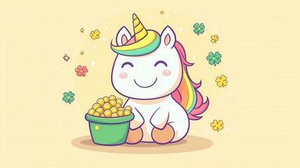 Naklejka premium Cute Cartoon Unicorn with Rainbow Mane in Floral Nature Background
