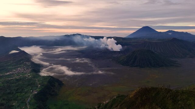 active, adventure, aerial landscape, aerial view, asia, bromo, bromo volcano, cloud, cloudy, destination, drone, east java, eruption, fog, hiking, indonesia, island, java, landmark, landscape, light, 