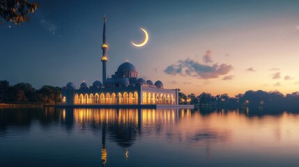 Serene Mosque at Dusk with Crescent Moon Reflection
