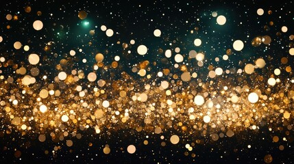 A glowing green glitter background adorned with golden light particles for a shiny, elegant effect
