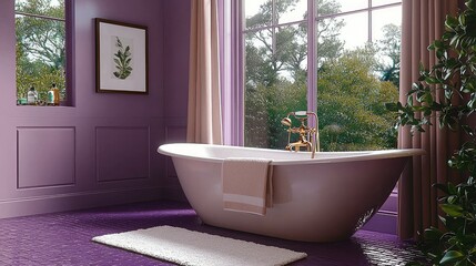 A warm mauve painted bathroom with a luxury tub and tile flooring.