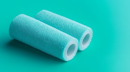 Obraz premium Vibrant contrast, two rolls of blue cloth on a green backdrop two