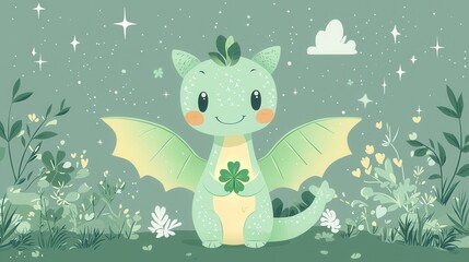 Friendly Dragon Holding a Glowing Clover in a Whimsical Botanical