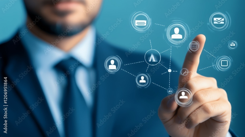 Poster businessman navigating a complex network of interconnected social media icons, visualizing global di