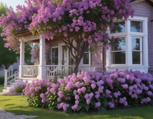 A house with a blooming lilac bush in the front yard, purple, neighborhood, blooms