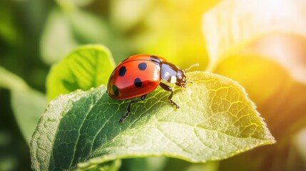 Fototapeta premium Vibrant Ladybug Crawling on a Green Leaf Under Sunlight with a Soft Nature Background and Warm Tones Enhancing the Beauty of Insects and Plants