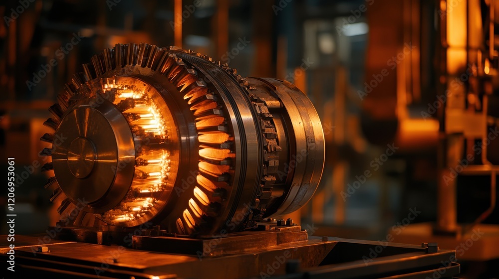 Poster industrial machinery close-up showcasing a detailed turbine engine component with glowing elements, 