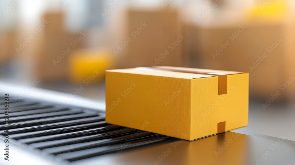 Poster bright yellow storage box resting on a black computer keyboard yellow