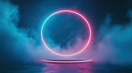 Futuristic Neon Circle and Platform in Smoky Atmosphere.