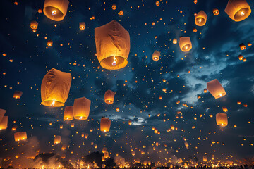 Beautiful holiday composition for happy celebrate chinese festival of lanterns, abstract vivid composition consists of fictional unreal fantastic vision on background