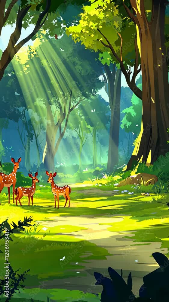 Poster sunlight filters through trees illuminating a serene forest scene with deer in the lush greenery