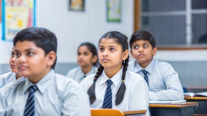 Indian school students wearing uniforms, focused in class.
