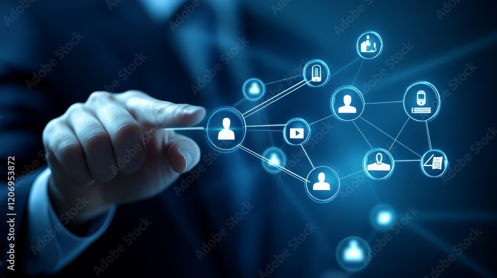 Aufkleber businessman in suit connecting global social network icons representing communication and networking