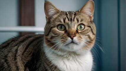 The cat looks scared in a new place. Startled looks in the veterinary clinic. The cat was brought to the hospital. Waiting for the vet.