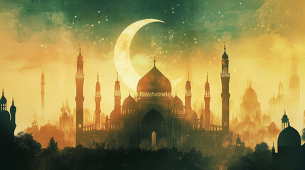 Eid al-Fitr banner with emerald green to gold gradient background, featuring a silhouette of a mosque with tall domes and minarets, decorated with a large crescent moon on top, Ai generated images