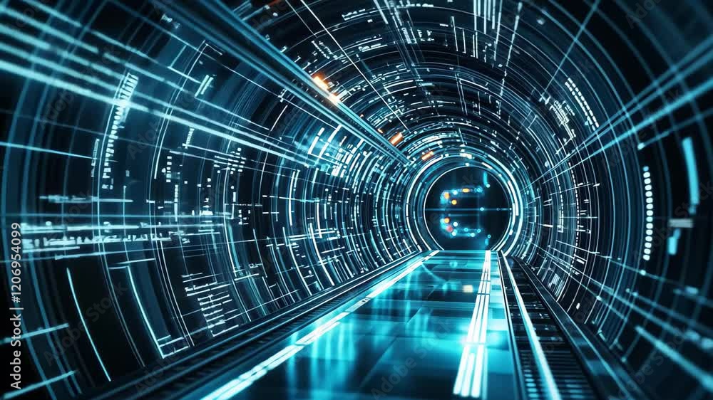 Aufkleber futuristic digital tunnel illuminated with glowing blue lights and intricate patterns, futuristic di
