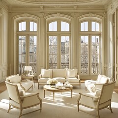 Elegant Living Room With Parisian City View And Cream Furniture