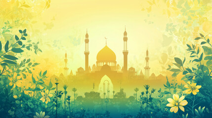 Eid al-Fitr banner with pastel green to bright yellow color gradation, mosque with dome and tower silhouette surrounded by flower ornaments, Ai generated images