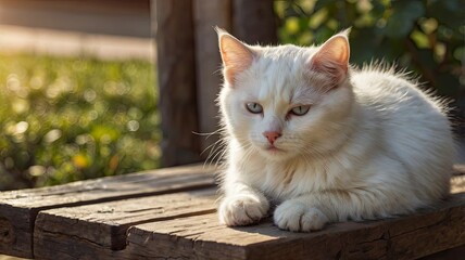 white sad cat on the wood bench, small kitten chilling on the wooden bench on the su, sunny day and fluffy cat, sag eyes of homeless kitten, alone sad, sad view, relaxing cat day on the sun
