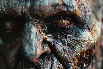 Scary sinister zombie wandering in street with dramatic lighting on Halloween, abstract vivid composition consists of fictional unreal fantastic vision on background