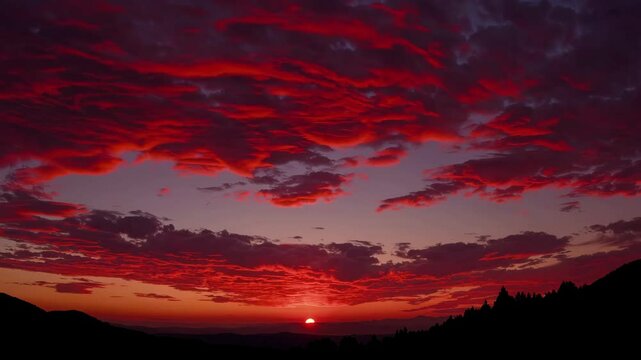 Dramatic sunset with fiery red clouds over mountain landscape