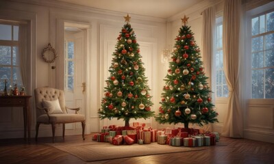 A beautifully decorated Christmas tree adorned with sparkling ornaments and lights in a dimly lit room , glittering,