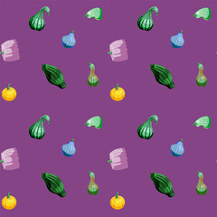 Seamless pattern on a purple background from different green pumpkins. Suitable for wrapping paper, gifts, cards. Vector illustration