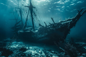 Obraz premium Underwater view of an old sunken ship on seabed with fish swimming around, abstract vivid composition consists of fictional unreal fantastic vision on background
