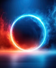 Obraz premium Futuristic Neon Circle Gateway in Red and Blue Smoke