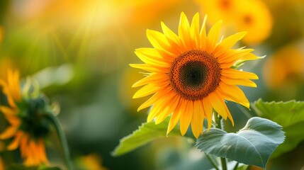 Fototapeta premium Vibrant Yellow Sunflower in Bloom with Sunlight and Green Leaves