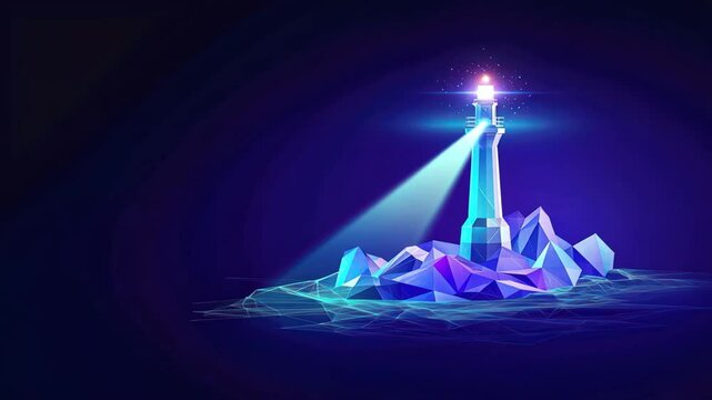 A low poly lighthouse shines a bright beam in the dark on a blue background, Concept of World digitalization, Digital Transformation, and Blockchain technology