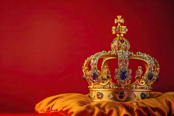 Fototapeta premium Fantastic beautiful king or queen crown from vivid gold material for coronation, abstract vivid composition consists of fictional unreal fantastic vision on background