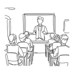 One continuous line drawing of a teacher teaching students. Simplified minimalist design for education and learning. Teacher in Classroom Line Style Concept Vector Illustration.