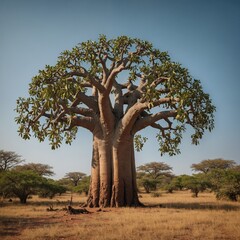 A baobab tree with its iconic wide trunk and dangling greenish-brown fruit pods, isolated on a clear background.