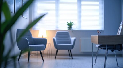 Serene Office Interior: Minimalist Workspace with Comfortable Seating