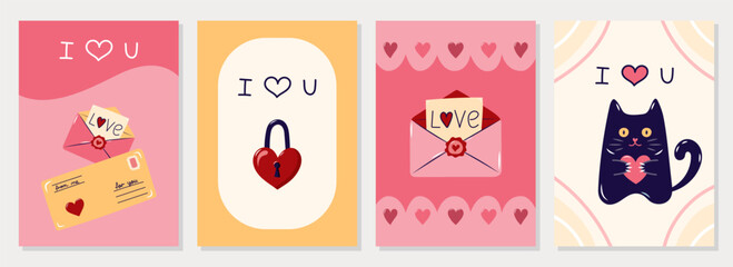 Happy Valentine's Day Cards collection. 4 Simple cute greeting cards with envelopes and cat. Vector illustration.